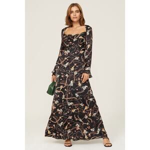 FAME & PARTNERS Black Gold Tassels Chains Print Bell Sleeved Ceramic Gown US 12